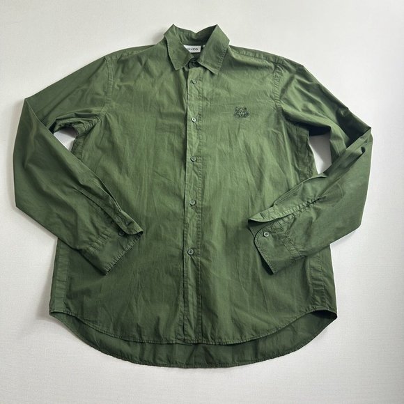 Kenzo Mens Tiger Crest Cotton Poplin Olive Green Button Up Shirt Size 37‎ 14.5 - Picture 1 of 9